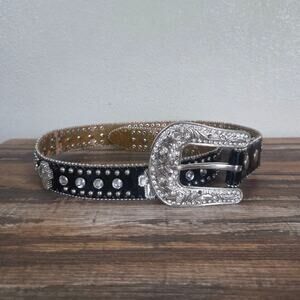 Rhinestone Woman's Bling Cross Black Western Belt Silver Buckle